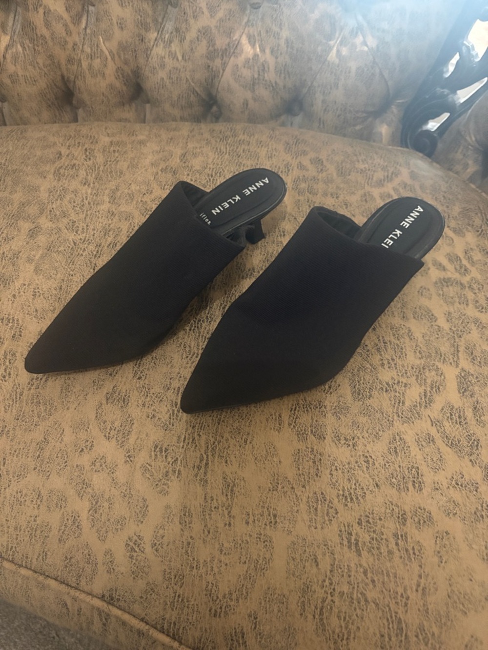 Anne Klein Black Pointed Knit Slip-On Mules